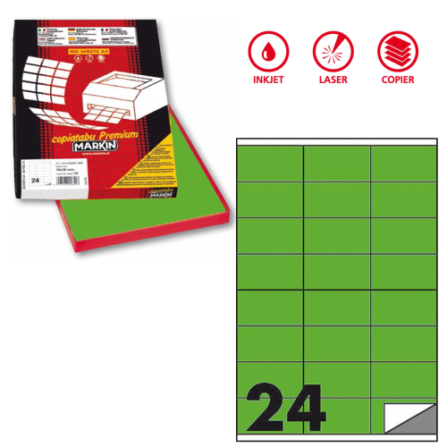 Etichette adesive C/500 - in carta - permanenti - 70 x 36 mm - 24 et/fg - 100 fogli - verde fluo - Markin